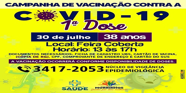 Secretaria de Saúde realizará vacinação de pessoas com 38 anos