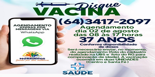 Prefeitura de Morrinhos informa agendamento da vacinação para pessoas com 37 anos