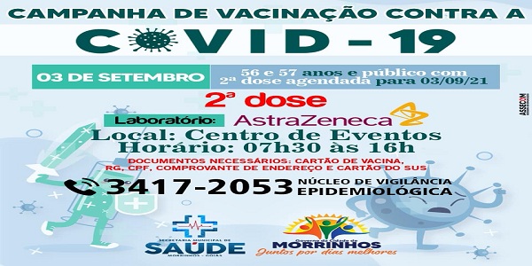 Vacinação para pessoas de 56 e 57 anos e públicos com agendamento para 3/9