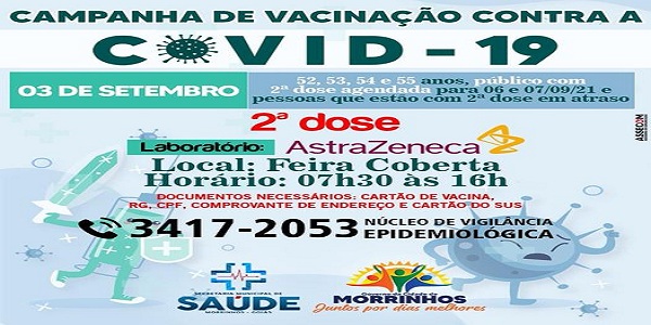 Dia 3: vacinação para pessoas de 52, 53, 54 e 55 anos e públicos com agendamento para dias 6 e 7/9