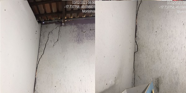 Casa com risco de desabamento, que abriga uma gestante e duas crianças, é monitorada pela Defesa Civil de Morrinhos; Vejas as fotos