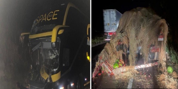 Acidente na BR-153: Ônibus colide na traseira de caminhão carregado com melancia em Morrinhos